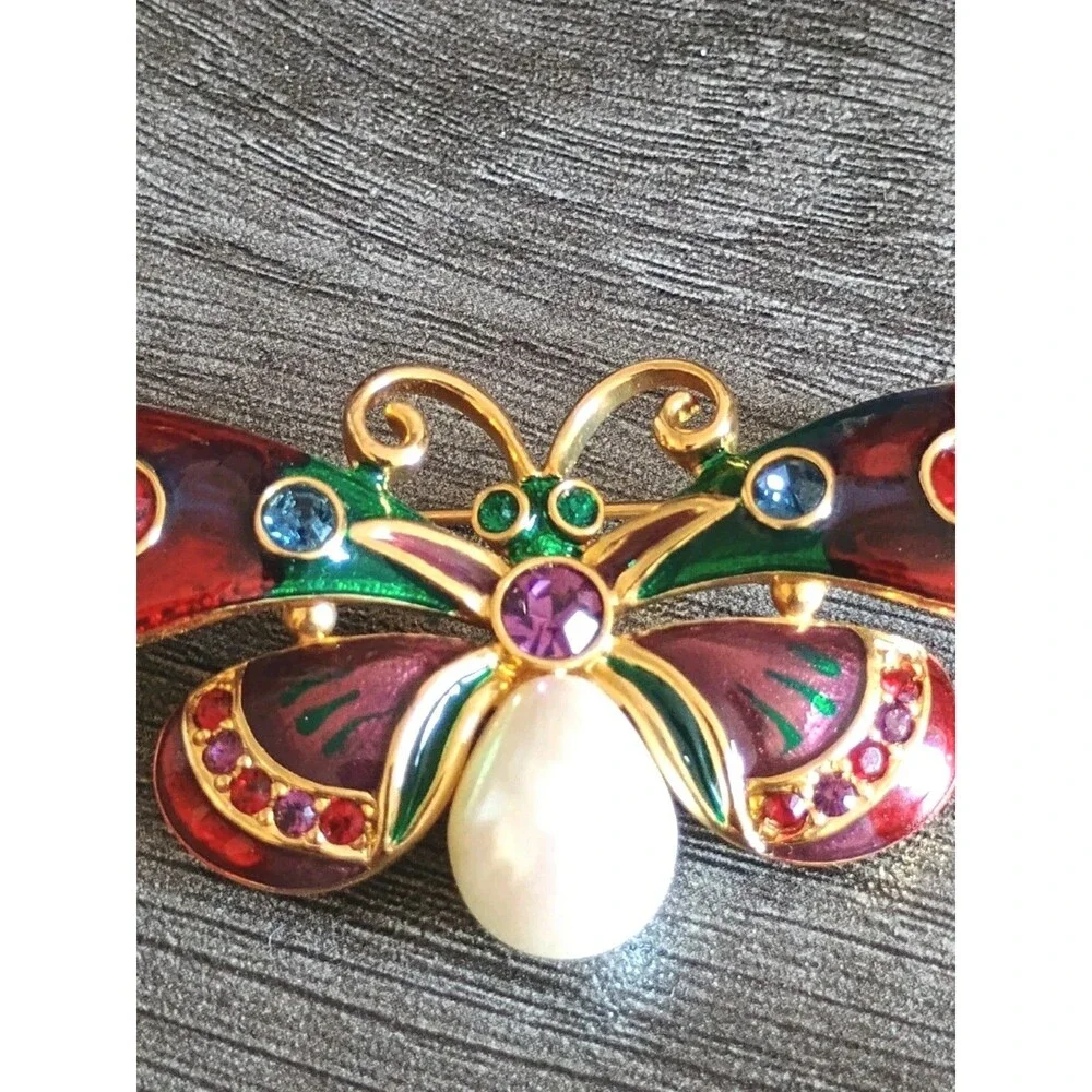 Joan Rivers Butterfly Red Green Purple Enamel Rhinestone Faux Pearl Brooch Vint